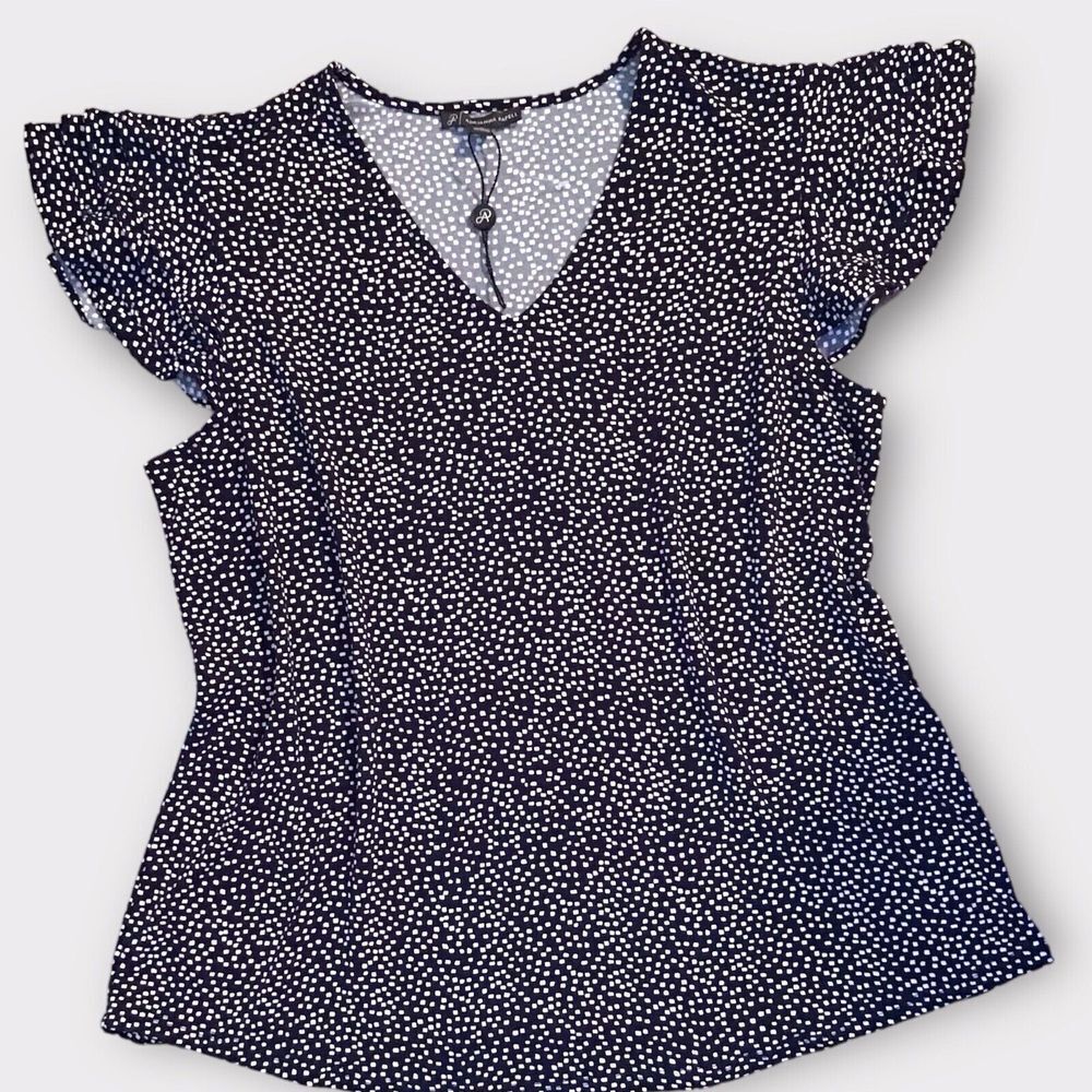 Adrianna Papell Women’s Short Sleeve Navy and White Blouse Polka Dot Size Large